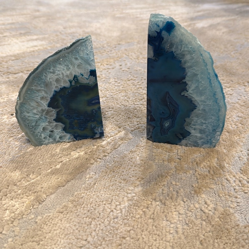 Vibrant Blue Agate Bookends, Natural Stone Office Decor, Polished Geode 3.4 lb